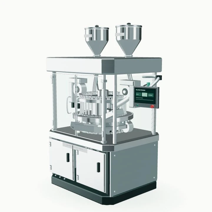 Stainless-steel bi-layer rotary tablet press with twin feed hoppers, safety guards and precision tooling